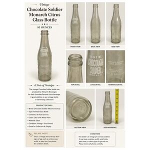 Vintage Chocolate Soldier Monarch Citrus Glass Soda Bottle 10 oz White ACL Label